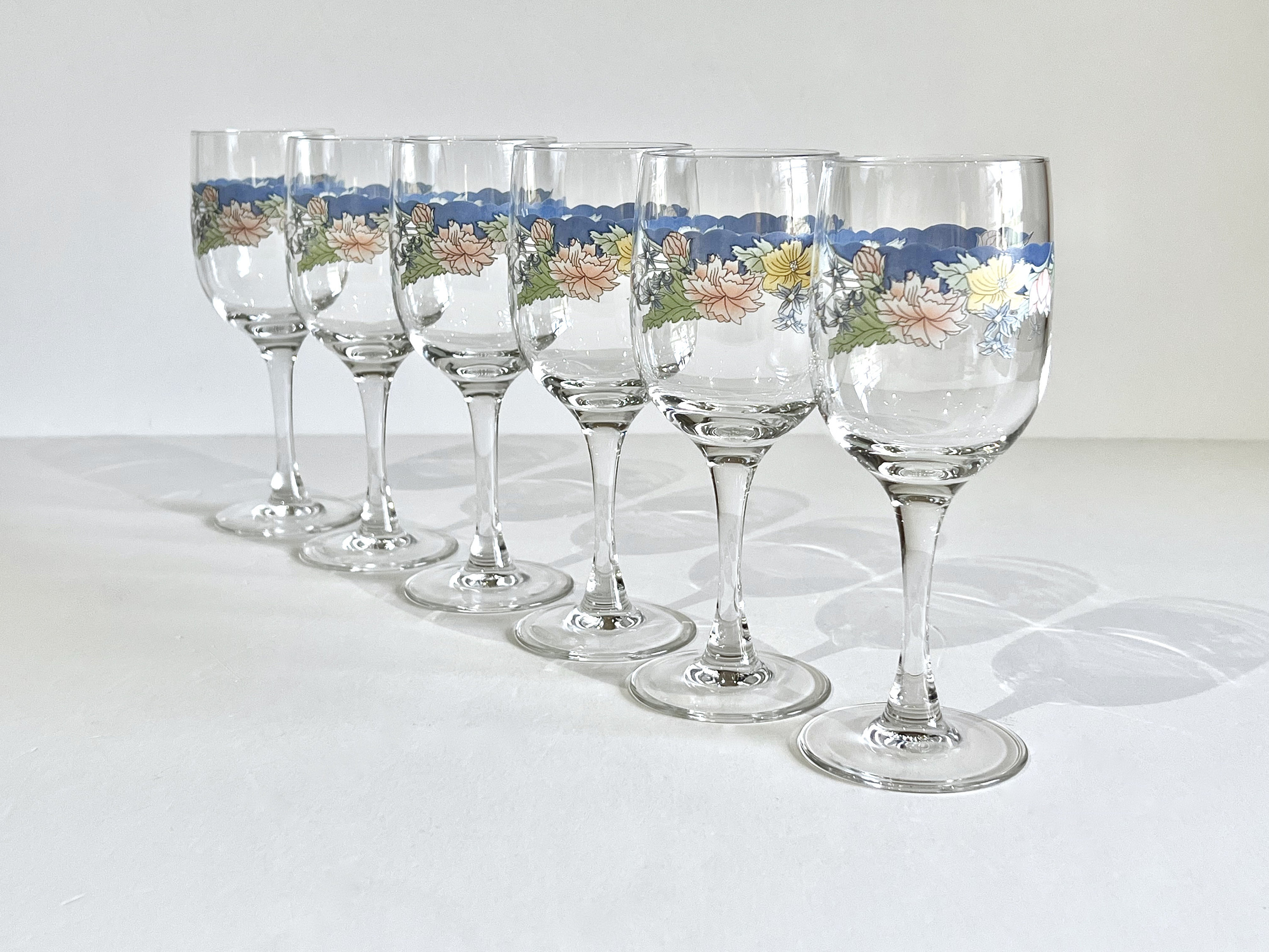 Vintage Arcopal France Wine Glasses, Florine Floral Set of 6