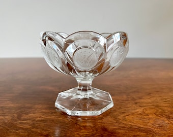 Open Jam/Jelly Dish "Coin" Glass Clear by Fostoria Glass Co. Vintage Footed Compote/Candy Bowl with Beveled Scalloped Edge and Coin Design