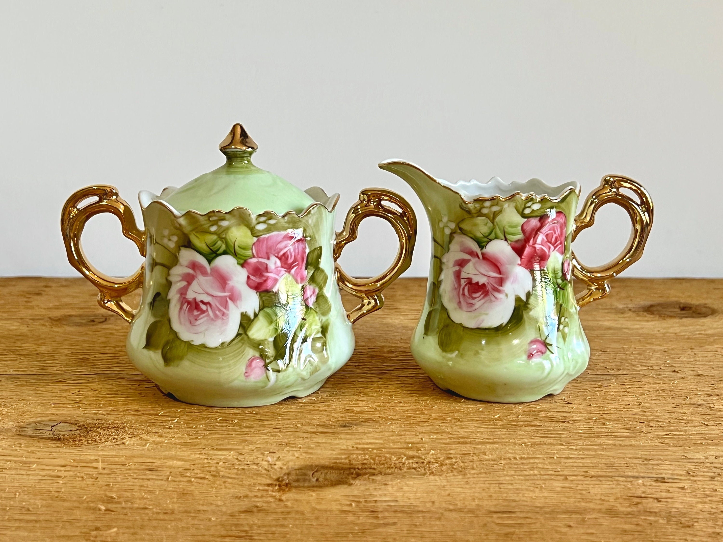 Lefton Coffee Set. Coffee Pot, Sugar, Creamer, Salt, and Pepper Shakers.  Hand Painted Porcelain. Rose Motif. Fine Dining.