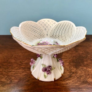 Vintage Hand Made Hand Painted Reticulated Porcelain Footed Dish Romanian Floral Woven Pedestal Bowl/Compote Candy Dish Russ Collection image 7