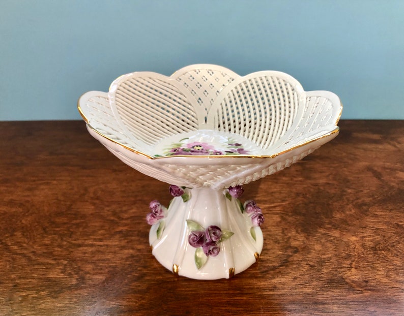 Vintage Hand Made Hand Painted Reticulated Porcelain Footed Dish Romanian Floral Woven Pedestal Bowl/Compote Candy Dish Russ Collection image 7