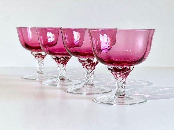 Vintage George Borgfeldt Cranberry Glass Coupes, Set of 4, Optic