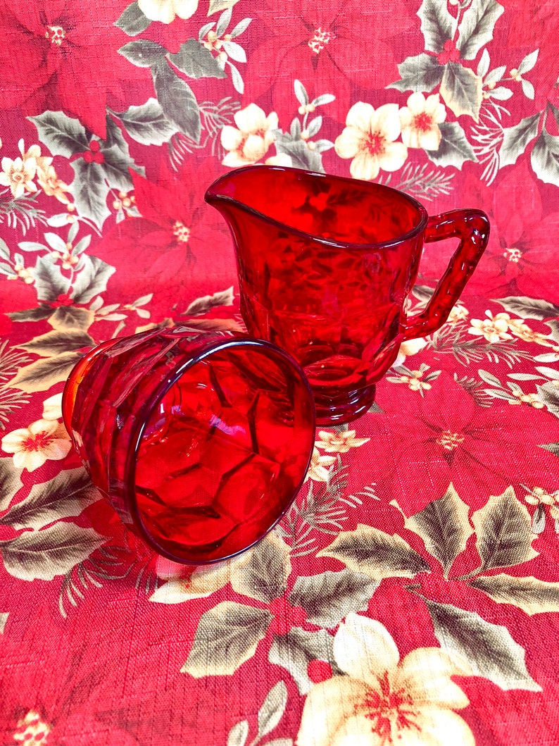 Vintage Viking Glass Ruby Red Sugar Bowl and Creamer Set, Georgian Pattern image 7