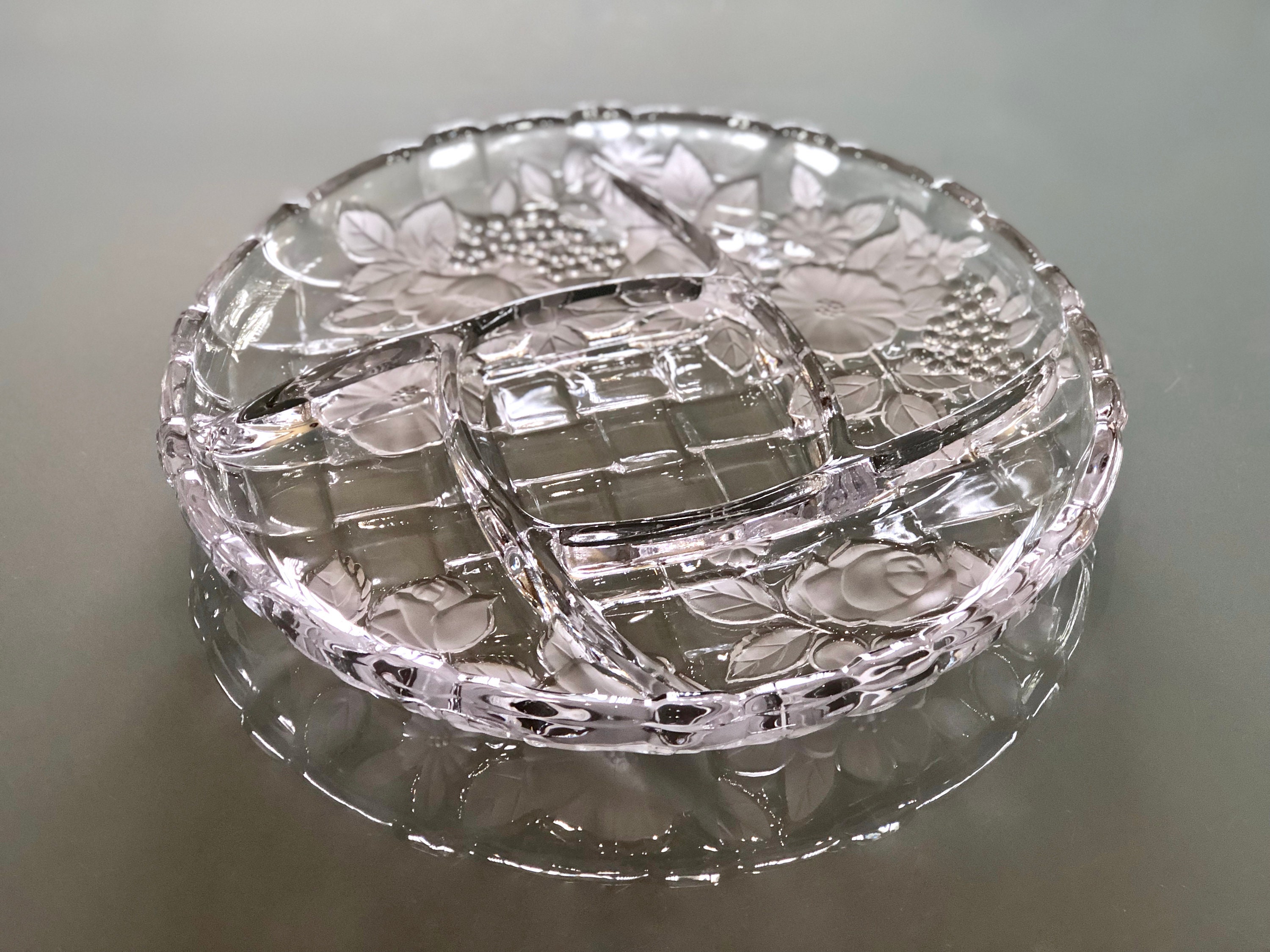 Frosted Crystal Chip and Dip Platter, Embossed Floral Glass Plate