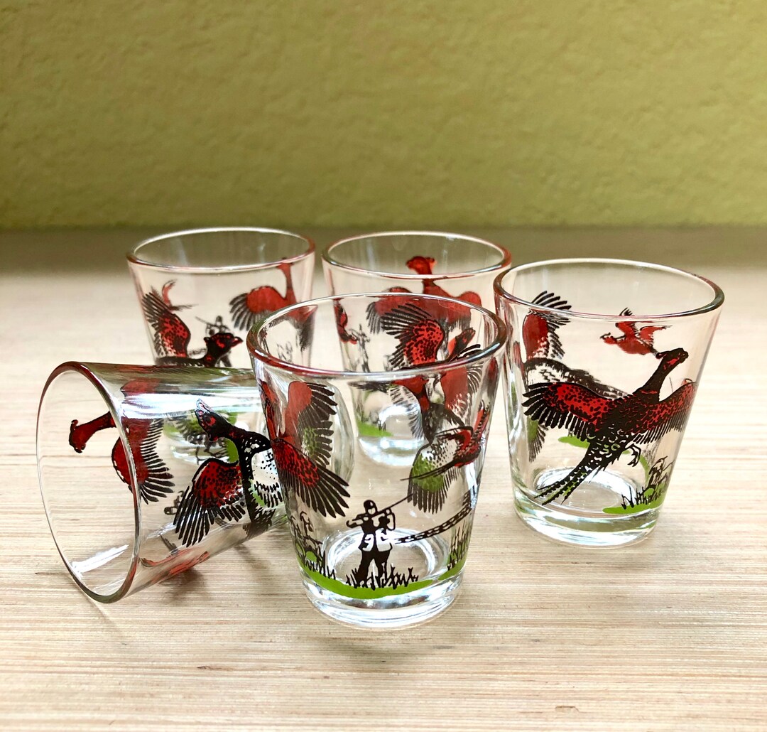 Vintage Set of 5 Shot Glasses Featuring Pheasants and Hunter Etsy