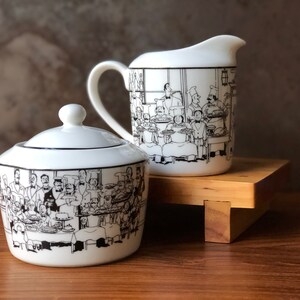 Vintage Creamer and Sugar Bowl Set &quot;Le Restaurant&quot; by Epoch Black & White Illustrations of Paris