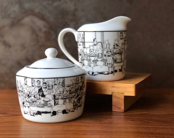 Vintage Creamer and Sugar Bowl Set "Le Restaurant" by Epoch Black & White Illustrations of Paris