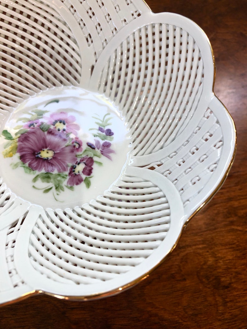 Vintage Hand Made Hand Painted Reticulated Porcelain Footed Dish Romanian Floral Woven Pedestal Bowl/Compote Candy Dish Russ Collection image 8