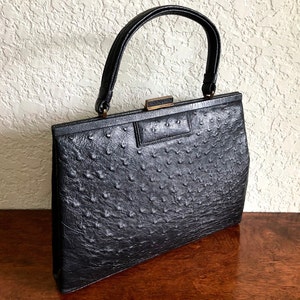 Stunning Genuine Ostrich Purse Vintage Black Top Handle Bag with Brass Clasp