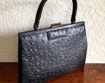 Vintage Black Ostrich Leather Purse, Brass Clasp Top Handle Bag