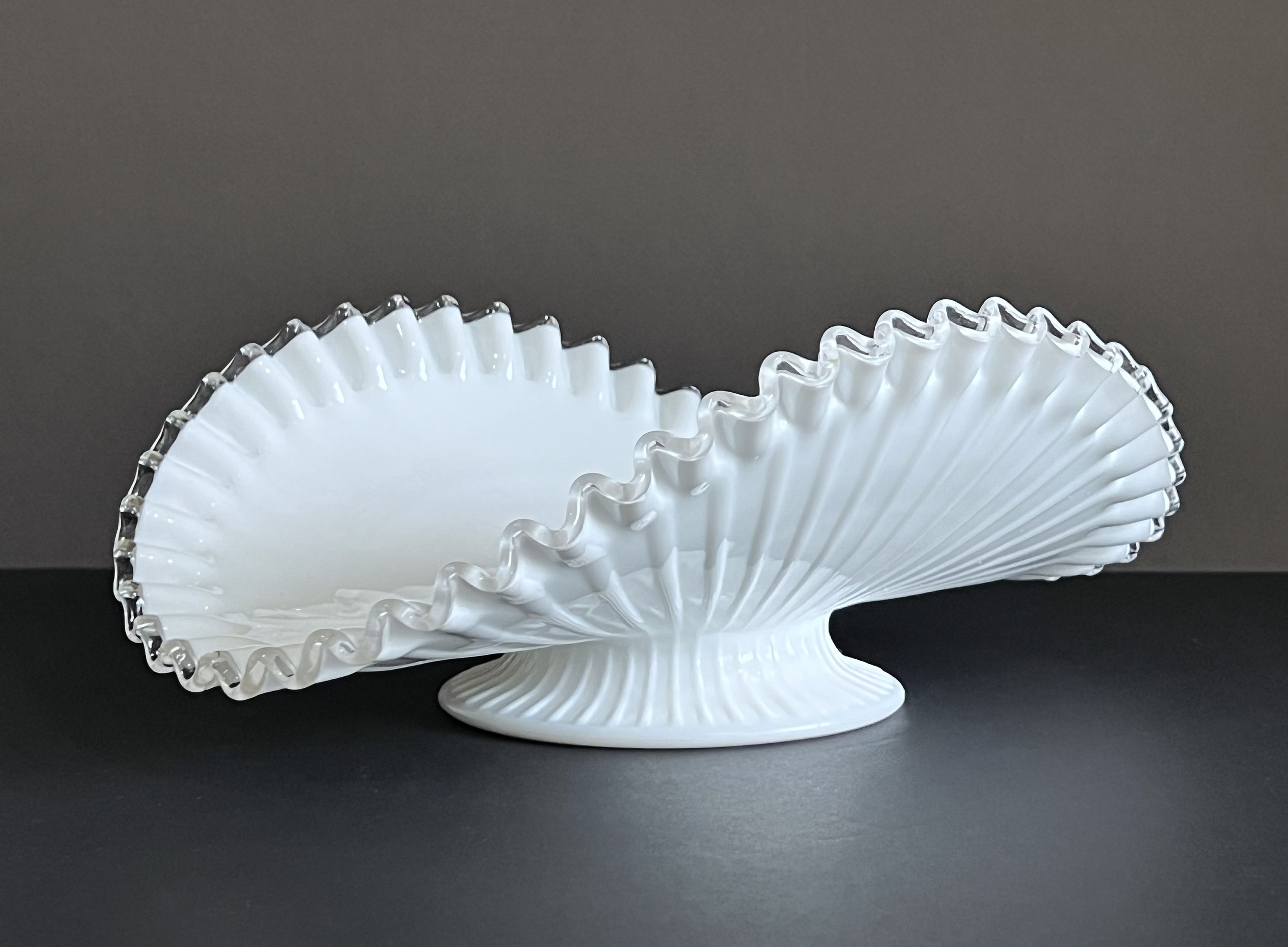Vintage Fenton Silver Crest Milk Glass Banana Boat, Ruffled Edge