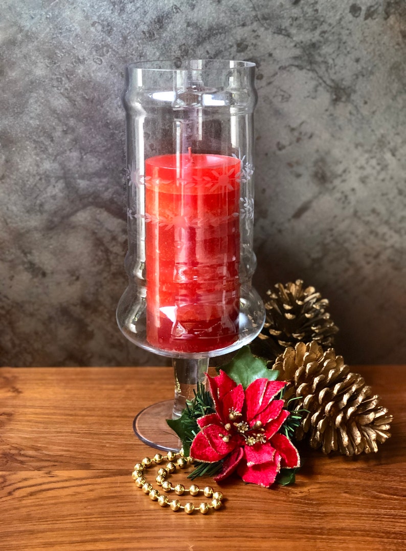 Vintage Etched Glass Footed Hurricane Candle Holder Floral Etsy Canada