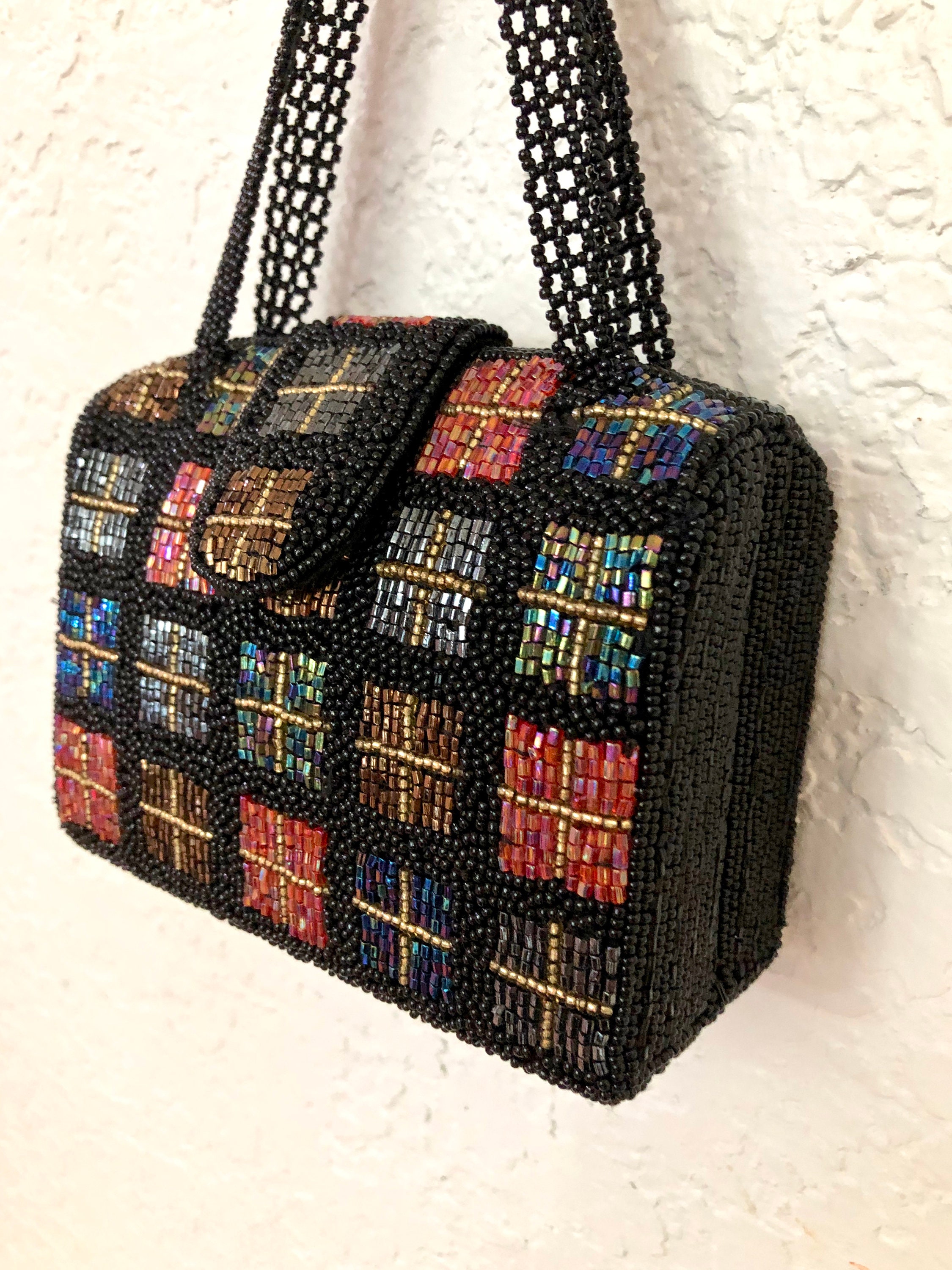 Vintage La Regale Black Beaded Purse Beaded Plaid Design Etsy
