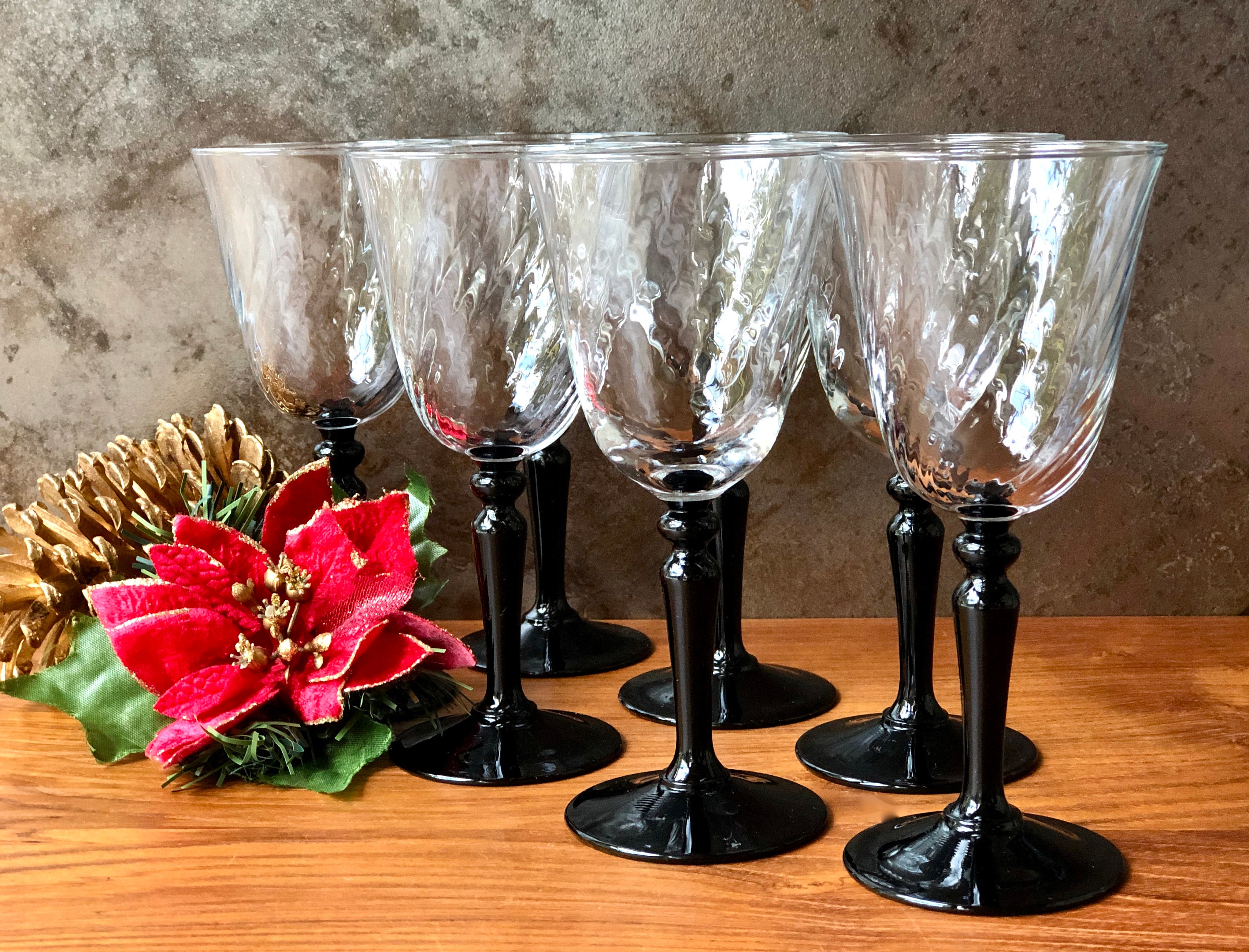 Vintage Set of 7 Black Stem Wine Glasses Optic Swirl by Etsy