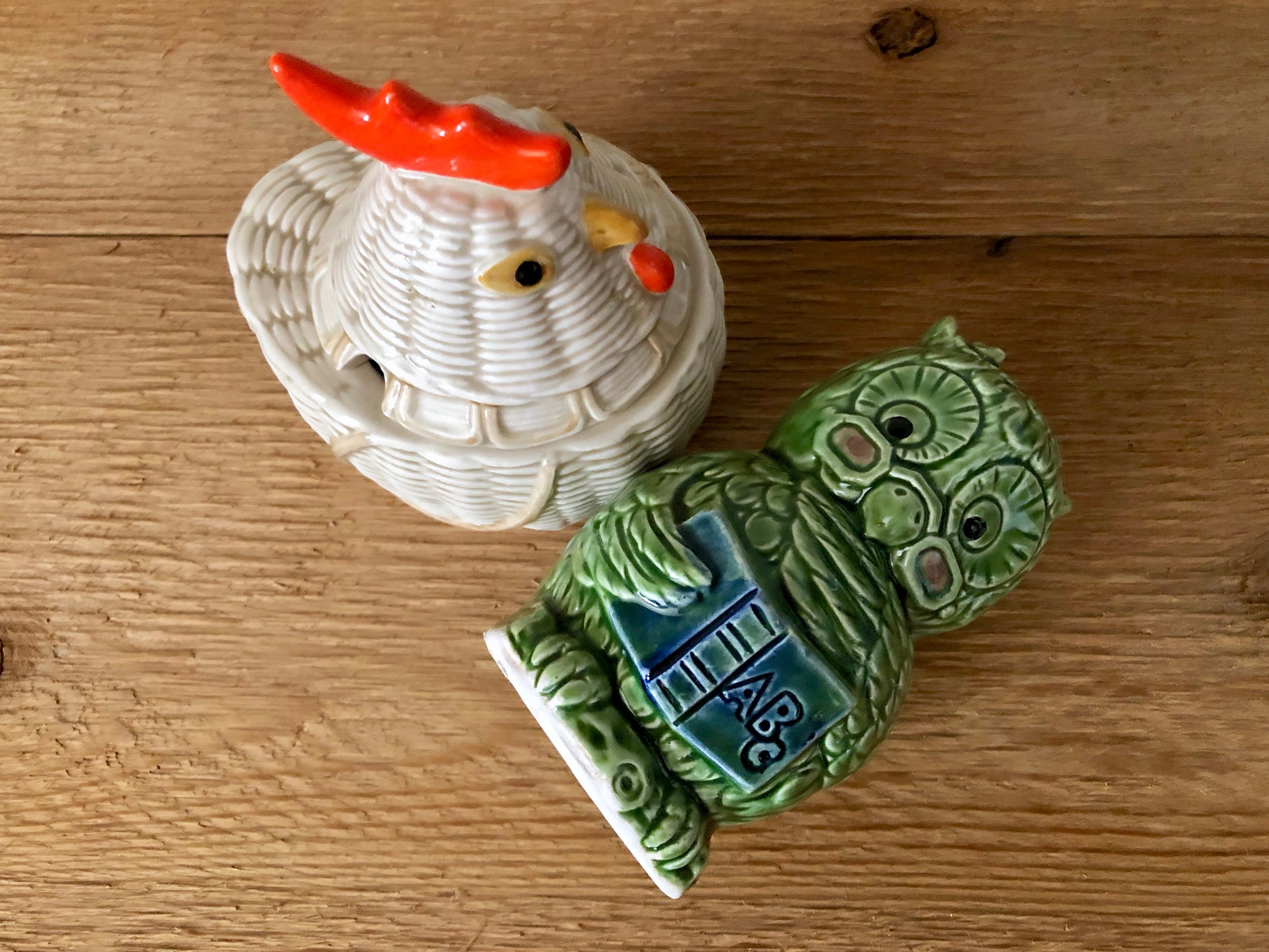 Vintage Ceramic Chicken Sugar Bowl/Condiment and Owl Salt
