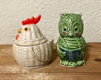 Vintage Ceramic Chicken Sugar Bowl/Condiment and Owl Salt
