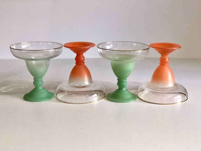 Vintage Blendo Margarita Lunettes Set de Quatre Verres Vert Dépoli et Orange Barware Rétro Milieu du Siècle Verrerie Colorée Moderne image 8