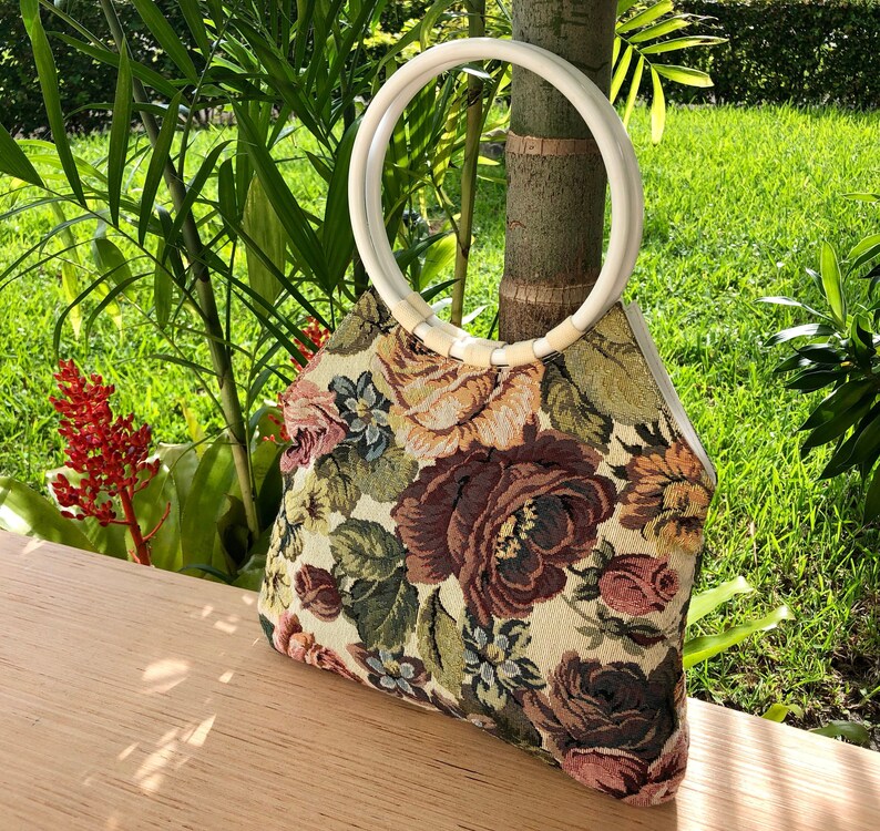 Tapestry Top Handle Handbag/Purse Round Circle White Handles Floral Tapestry Purse/Bag image 1