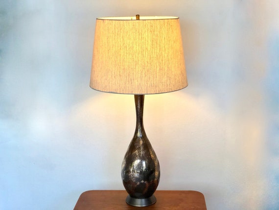 Mid Century Modern Ceramic Brown and Gold Speckled Table Lamp