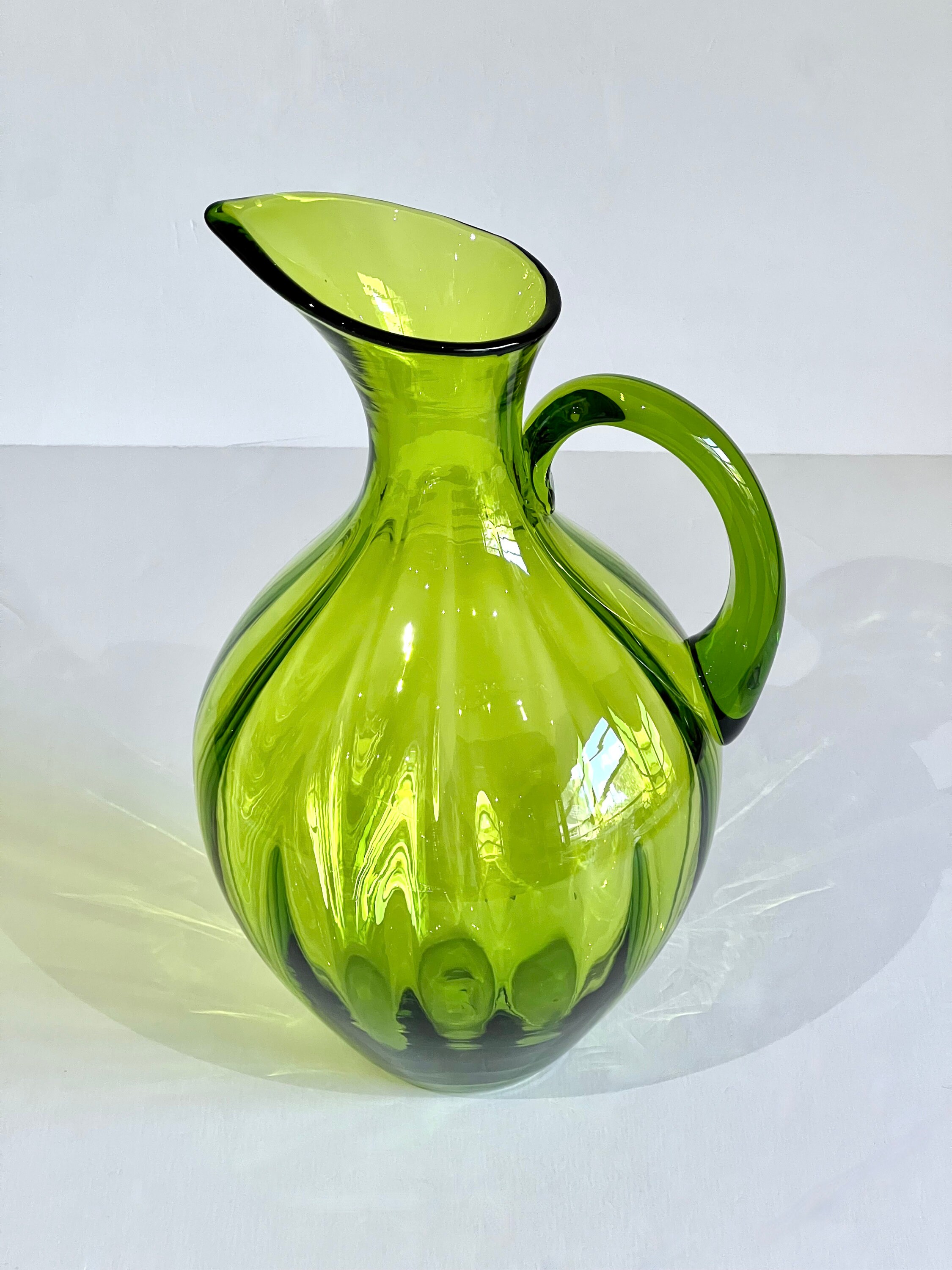 Vintage Blenko Green Glass Pitcher: Hand Blown Optic Swirl, Mid