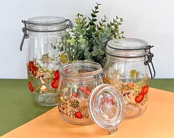 Barattoli da cucina vintage Arcoroc France "Spezie della vita": set di 3 barattoli in vetro