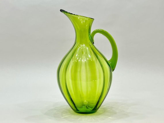 Vintage Blenko Green Glass Pitcher: Hand Blown Optic Swirl, Mid