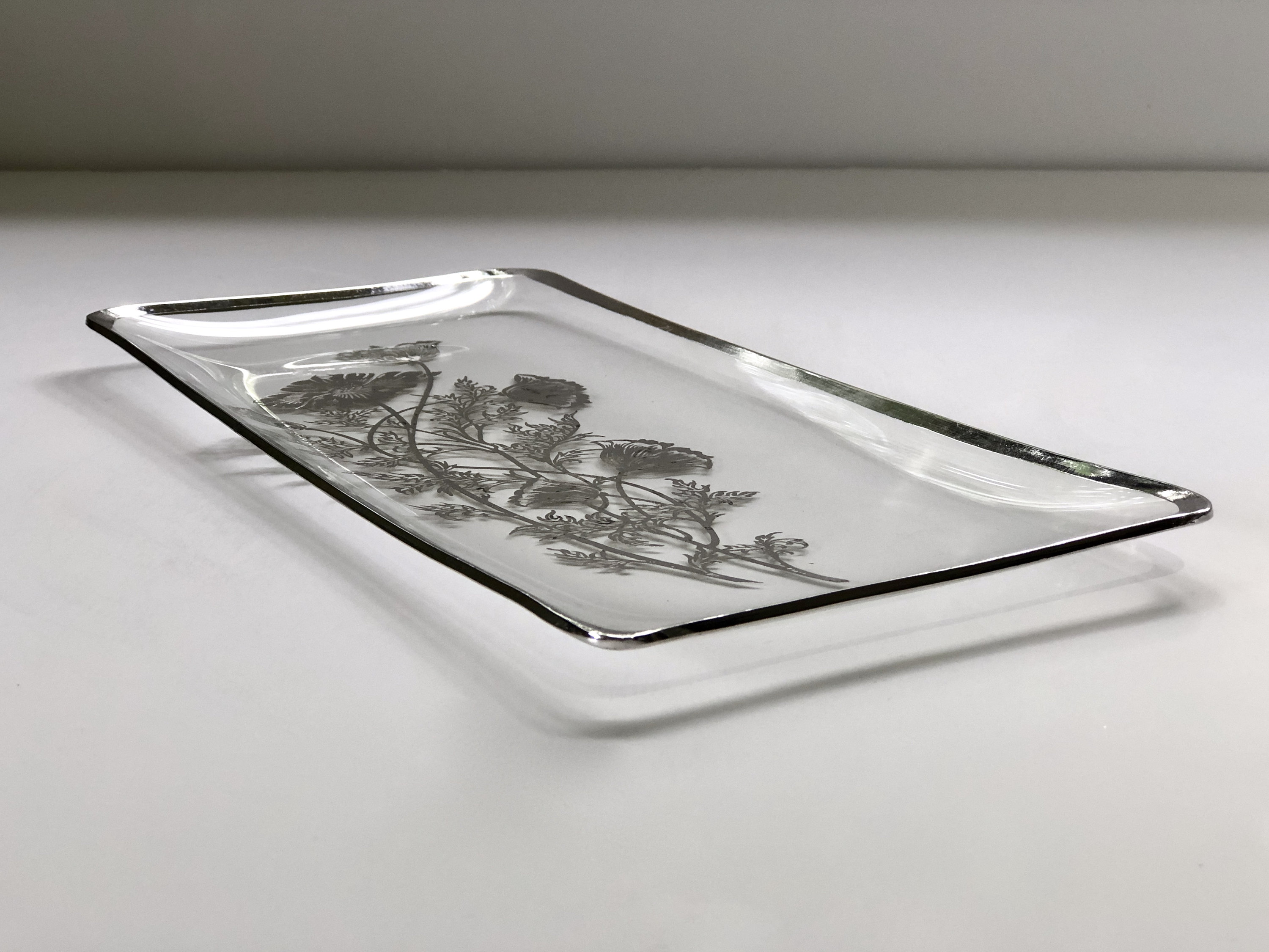 MCM Floral Silver Overlay Bent Glass Rectangular Tray by