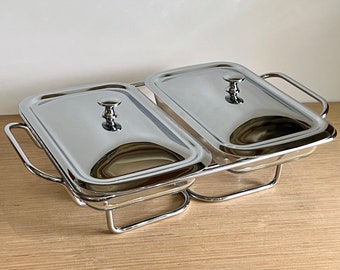 Modernist Double Food Warmer by International Silver Chrome Plated Double Food Warmer w/two 1.75 Q Oven-Proof Glass liners w/Chrome Lids