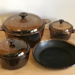 Vintage Vision Cookware Amber Brown Visions Saucepans, Stock Pot and Skillet + Lids Corning Ware Glass Amber Visions Cooking 7 Piece Set