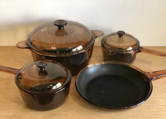 Set of 9 Corning Visions Cookware Set, Amber Brown Glass Bakeware