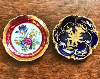 JL Menau Graf Von Henneberg Rosellan Echt Kobalt German Trinket Plate - Limoges Porcelain Trinket Dish Floral Gold Fuchsia Border France