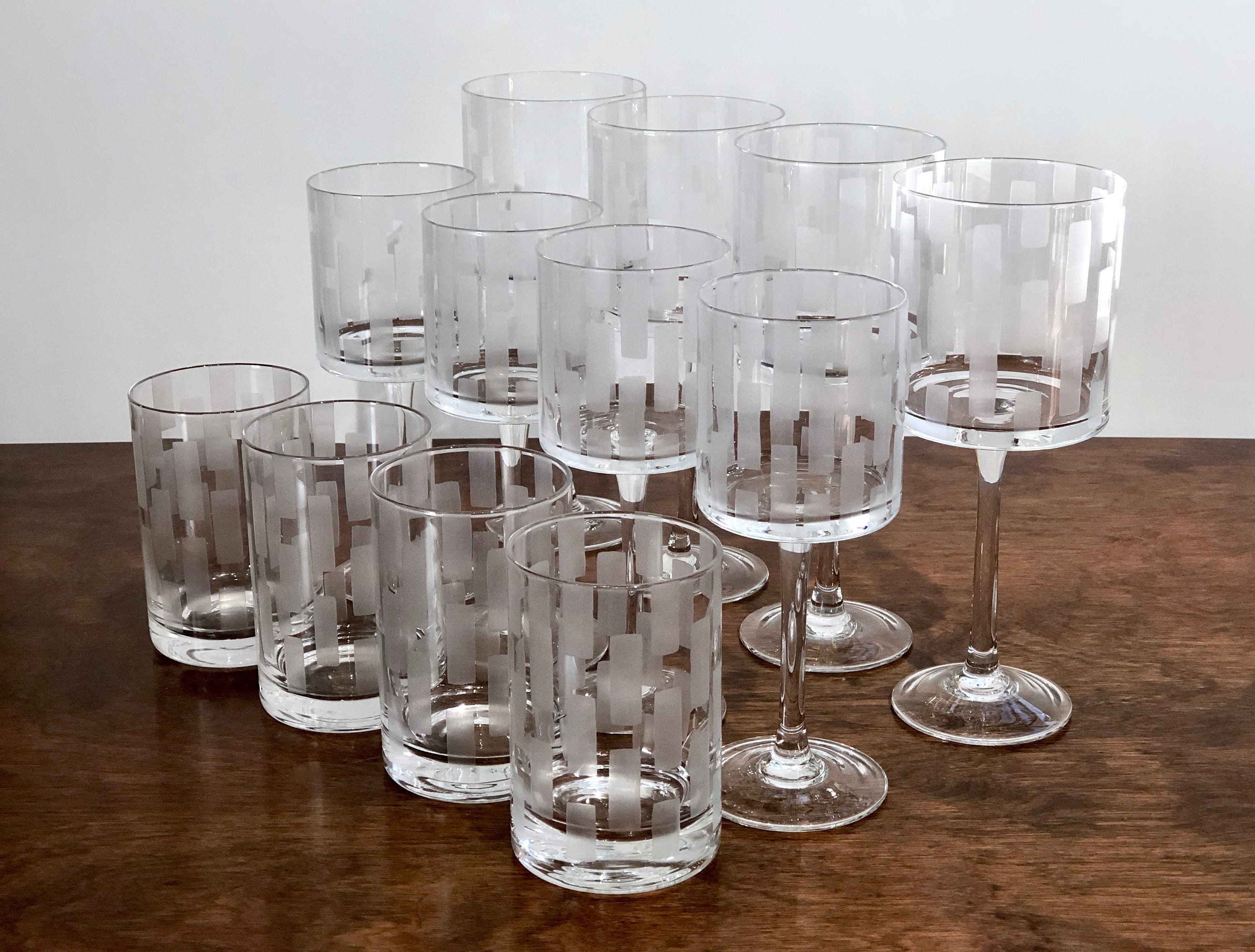 Stunning 12 Pc Set of MCM Glassware Water Goblets, Wine Glasses, Lowball  Tumblers Cylinder Bowls W Etched Geometric Design Vertical Bands -   Hong Kong