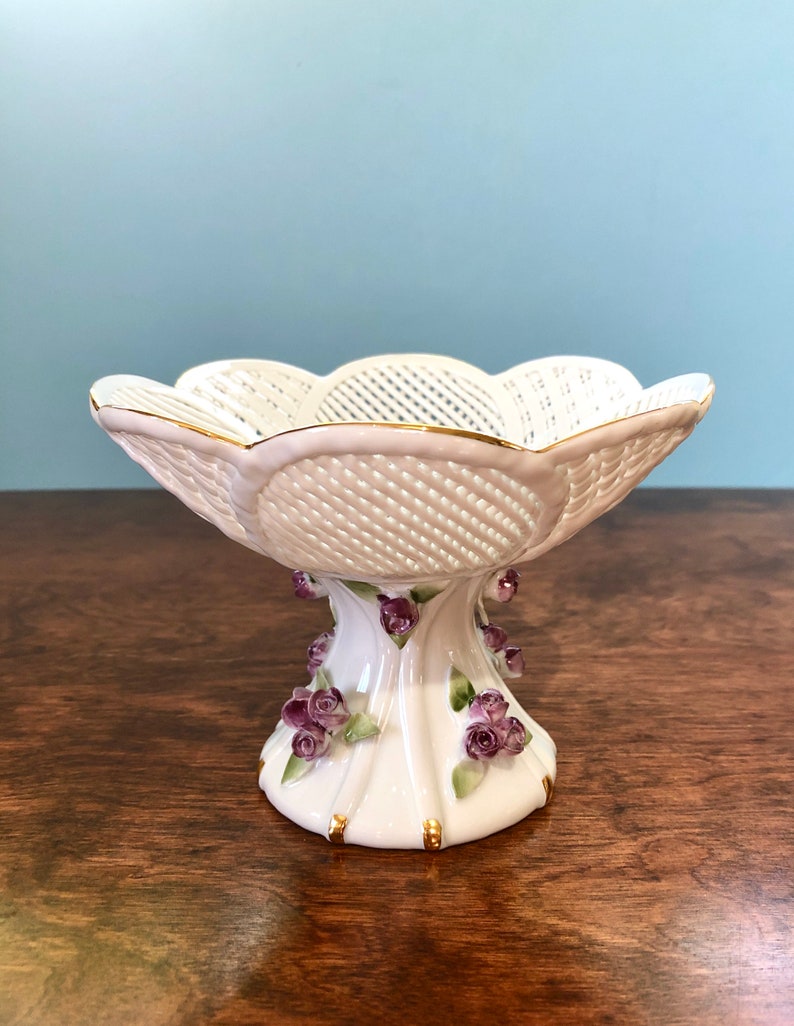 Vintage Hand Made Hand Painted Reticulated Porcelain Footed Dish Romanian Floral Woven Pedestal Bowl/Compote Candy Dish Russ Collection image 10