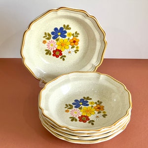 Mikasa Garden Club &quot;Spring Bouquet&quot; Soup Bowls Set of Five Vintage Colorful Floral Oven to Table Stoneware Dishes Made in Japan from 1977-79