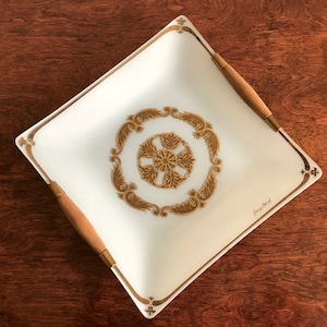 Mid Century Modern Georges Briard Bent Glass Tray Square White with Gold Design Vintage Serving Platter Signed Vintage Collectible