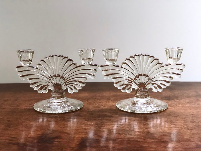 Gorgeous Pair of Art store Deco Candleholders by Paden City Maya Pattern Clear Glass Double Light Pressed Glass Floral Etching Fan Shape 1930s