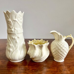 Vintage Belleek Irish Porcelain Cream and Iridescent Light Yellow Vase Creamer Sugar Bowl and Creamer &quot;Rathmore&quot; &quot;Lily of the Valley&quot;