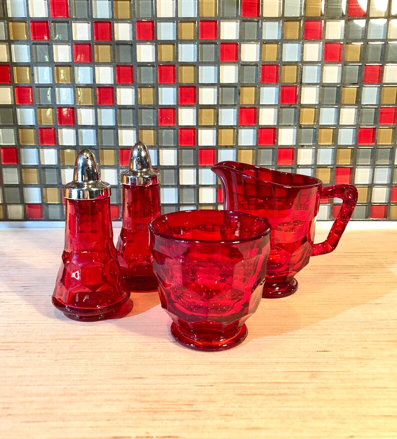Vintage Viking Glass Ruby Red Sugar Bowl and Creamer Set, Georgian Pattern image 6