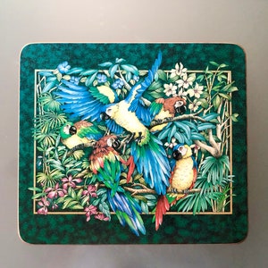 Vintage Pimpernel Cork Trivet Tropical Jungle Scene Floral Parrots Colorful Made in England
