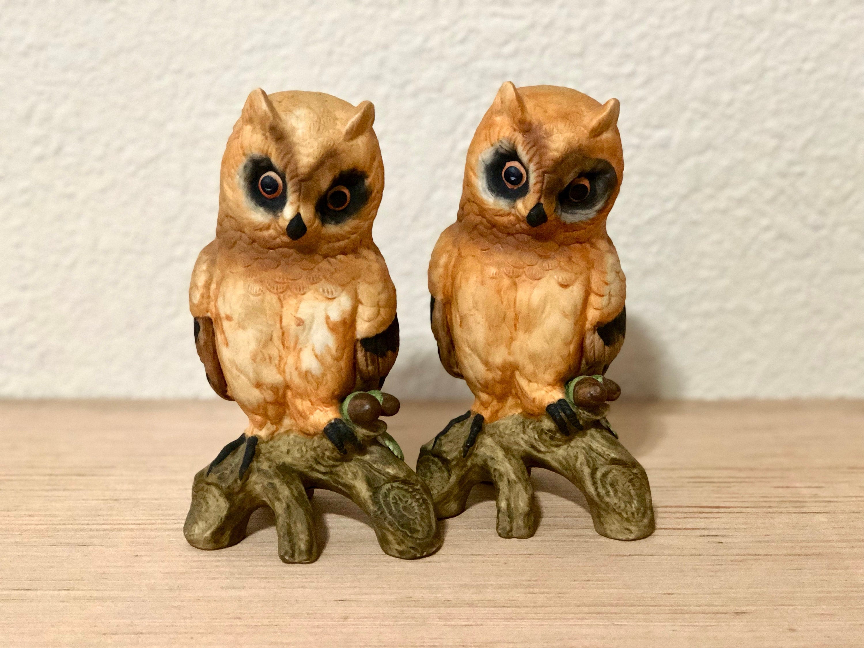 Vintage Ardalt Owl Figurines, Bisque Porcelain Retro Pair