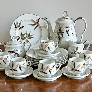Vintage Porcelain Tea Set Bon Tokyo Gold and Platinum Bamboo Design w Lithophane Geisha in Bottom of Teacups MCM Bamboo Leaves Made in Japan