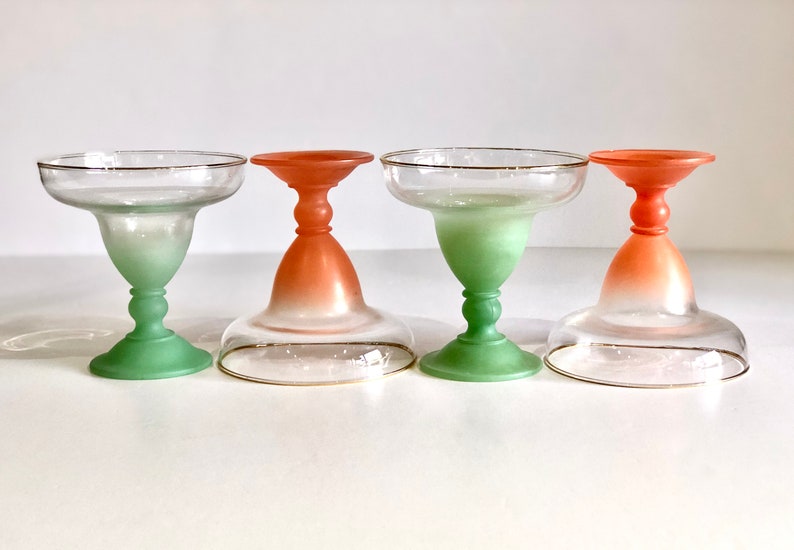 Vintage Blendo Margarita Lunettes Set de Quatre Verres Vert Dépoli et Orange Barware Rétro Milieu du Siècle Verrerie Colorée Moderne image 4