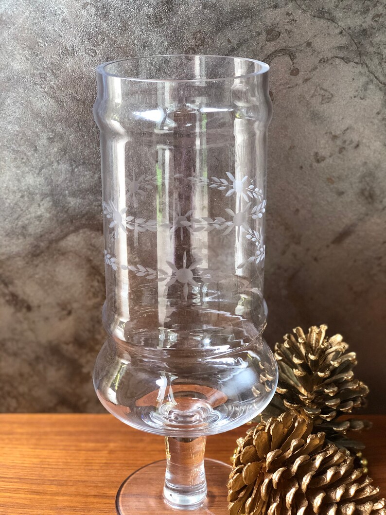 Vintage Etched Glass Footed Hurricane Candle Holder Floral Etsy Canada