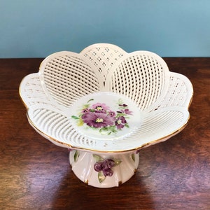 Vintage Hand Made Hand Painted Reticulated Porcelain Footed Dish Romanian Floral Woven Pedestal Bowl/Compote Candy Dish Russ Collection image 2