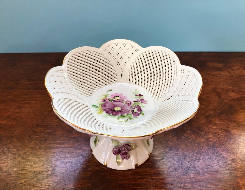 Vintage Hand Made Hand Painted Reticulated Porcelain Footed Dish Romanian Floral Woven Pedestal Bowl/Compote Candy Dish Russ Collection image 2