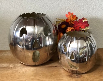 Silver Plated Halloween Jack O'Lanterns Spooky Silver Pumpkins Halloween/Fall Decor Made In India