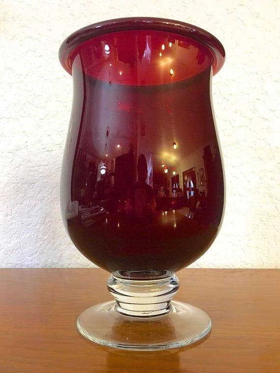 Large Ruby Red Crystal Hand Blown Glass Footed Hurricane Vase Etsy