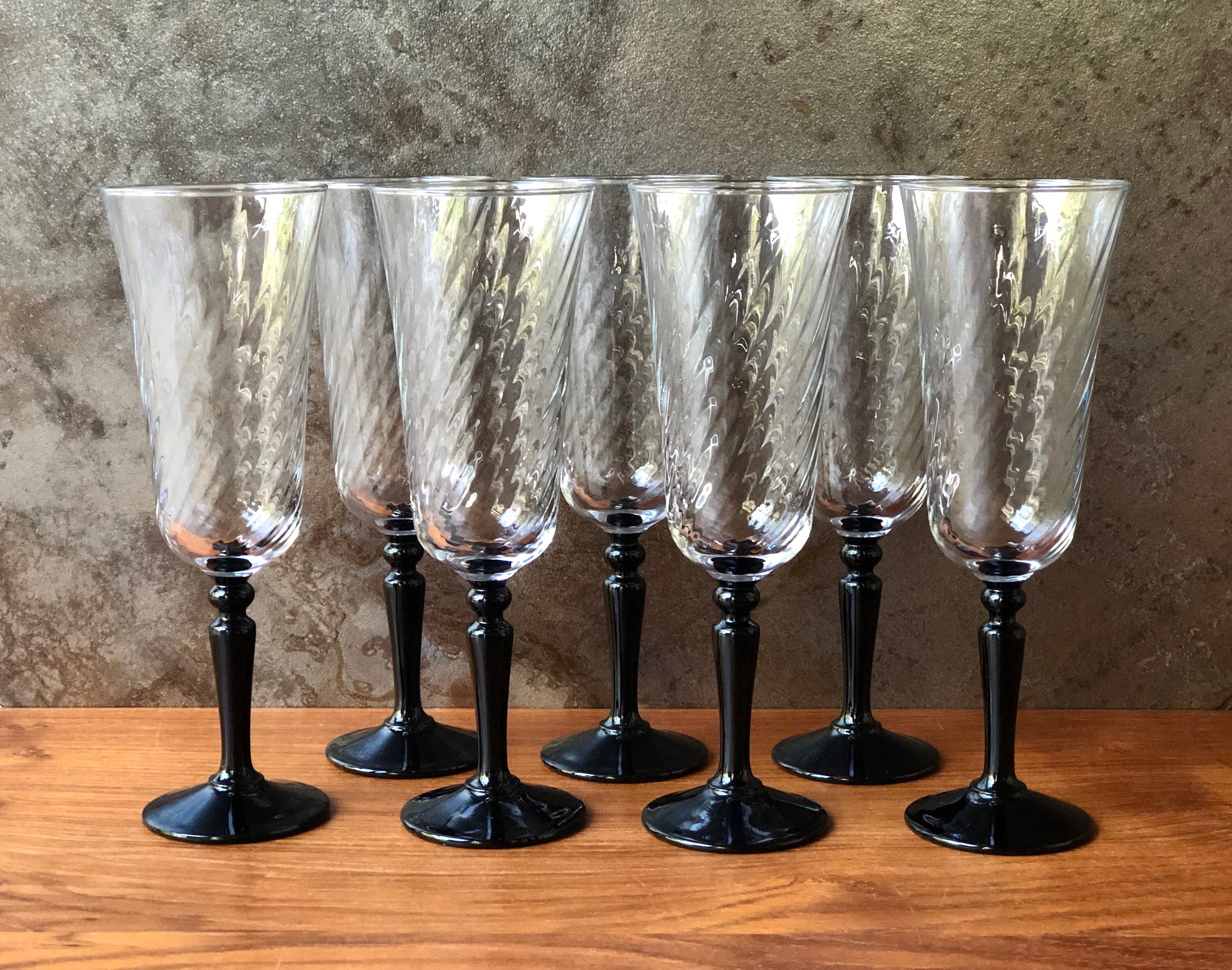 Vintage Set of 7 Black Stem Champagne Flutes/glasses Swirl by Etsy