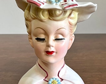 1950's Lefton China Lady Head Vase #2358 Blonde Lady with Pink Dress and Brooch Hat with Bow and Flowers