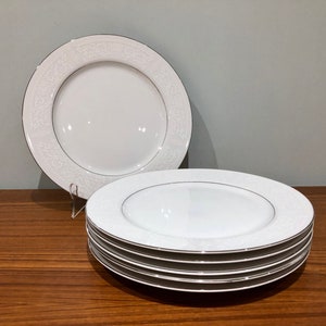 Set of Six Dinner Plates/Dishes American Limoges Lace Bouquet Salem China Co. Intricate White Etched Border w Platinum Rim White on White